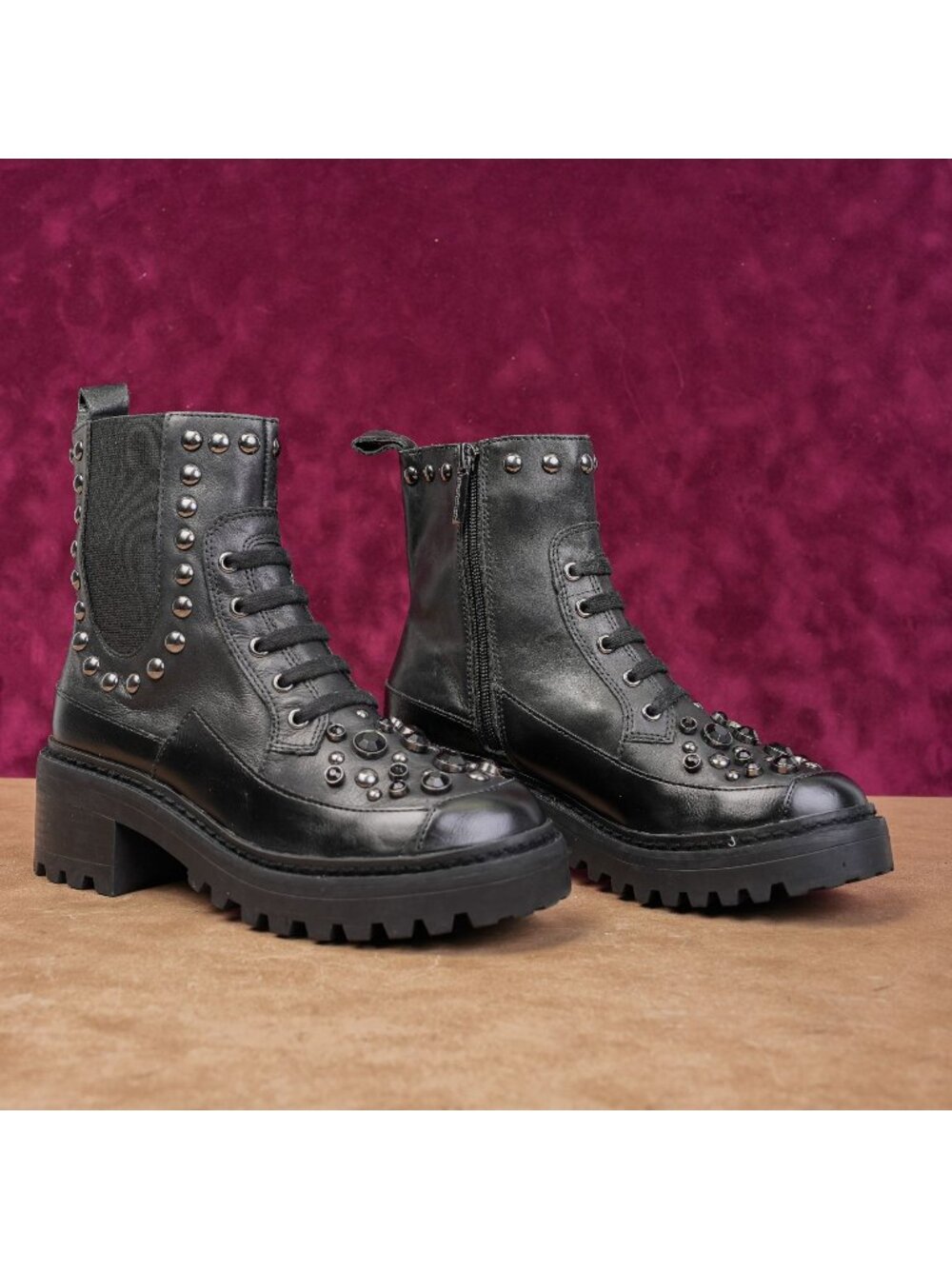 Karl Lagerfeld Paris Women Breck Black Leather Stud Festival Moto Boots sz 6